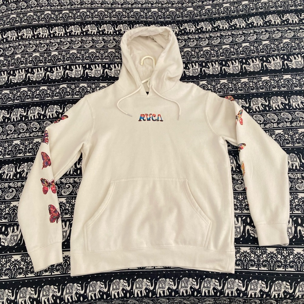 RVCA Fleece Hoodie Sweatshirt Mens Small Psychedelic Butterfly Beige Worn Once